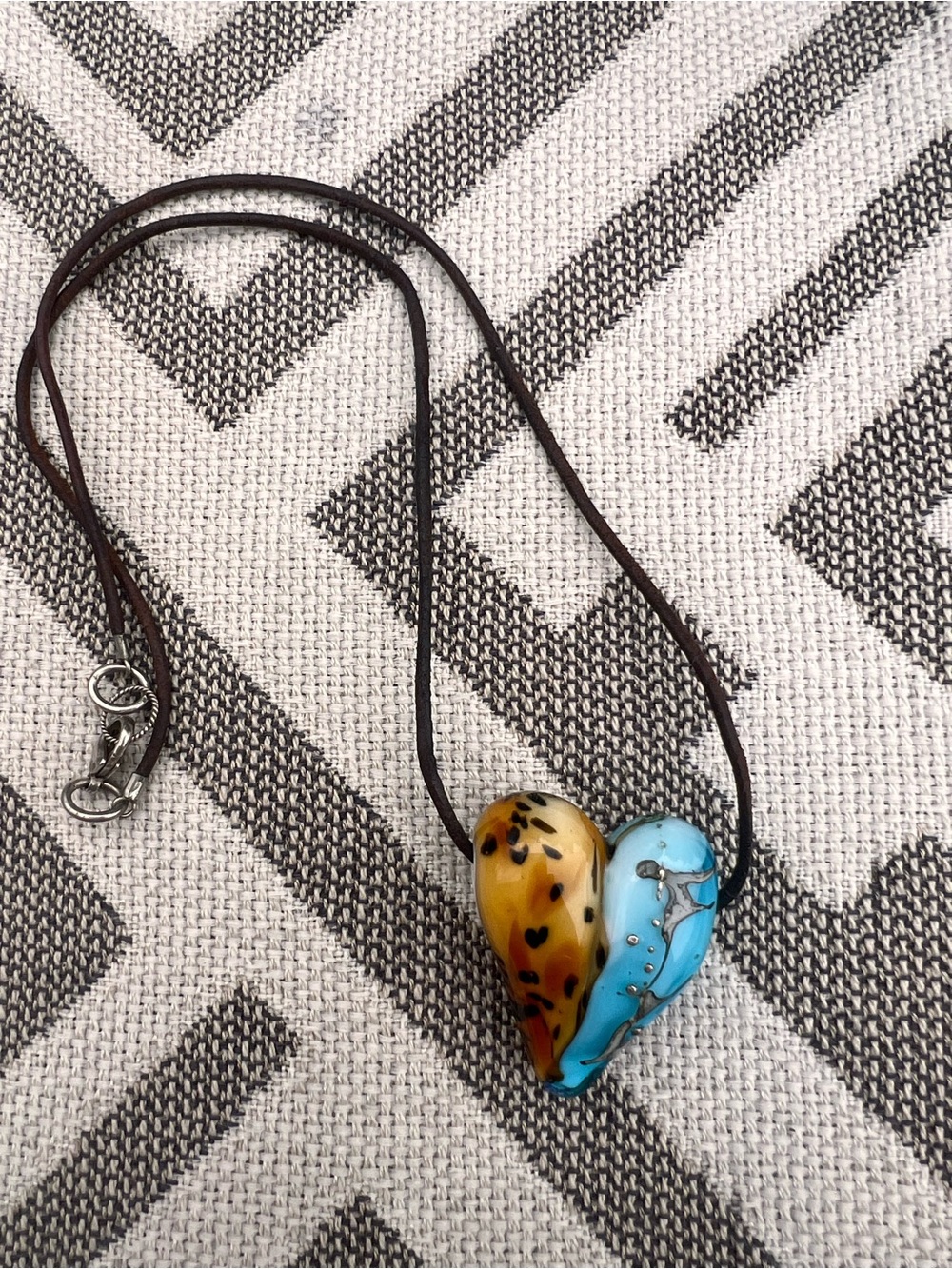 Handcrafted Blue and Amber Heart Glass Pendant Necklace